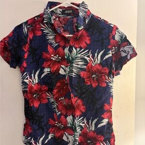 JOGAL Women's Floral Button Down Shirt - Red and Blue